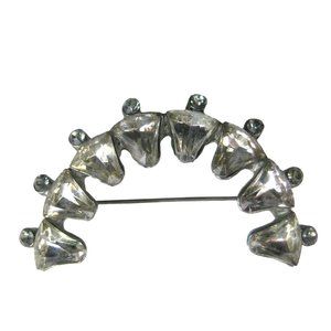 Brooch Pin Silvertone Vintage Jewelry 2.2 in Women Rhinestone Estate Arch Curve